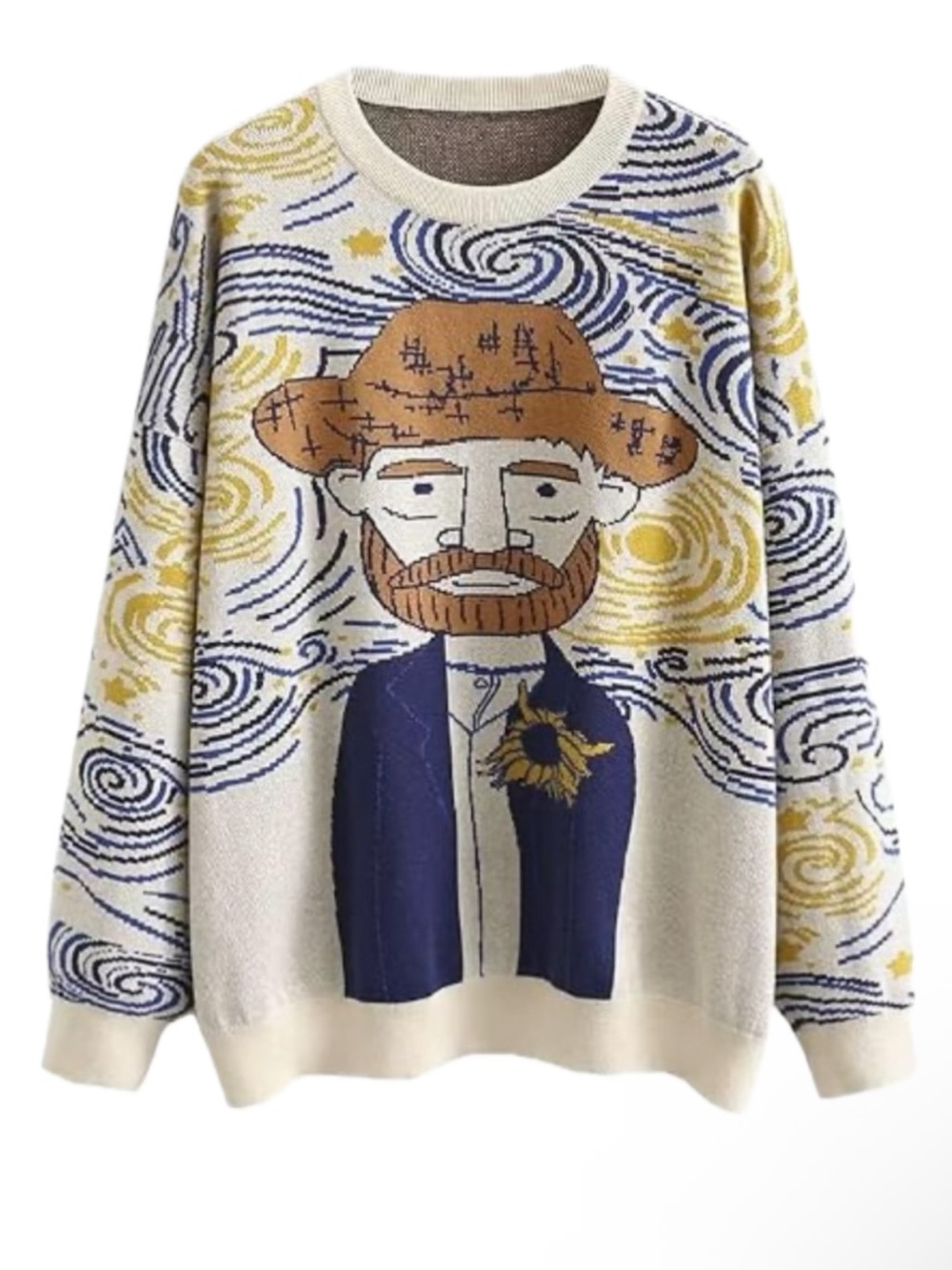 Cream & Blue Van Gogh Inspired Crewneck Sweater Large